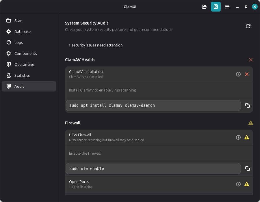 ClamUI system security audit view