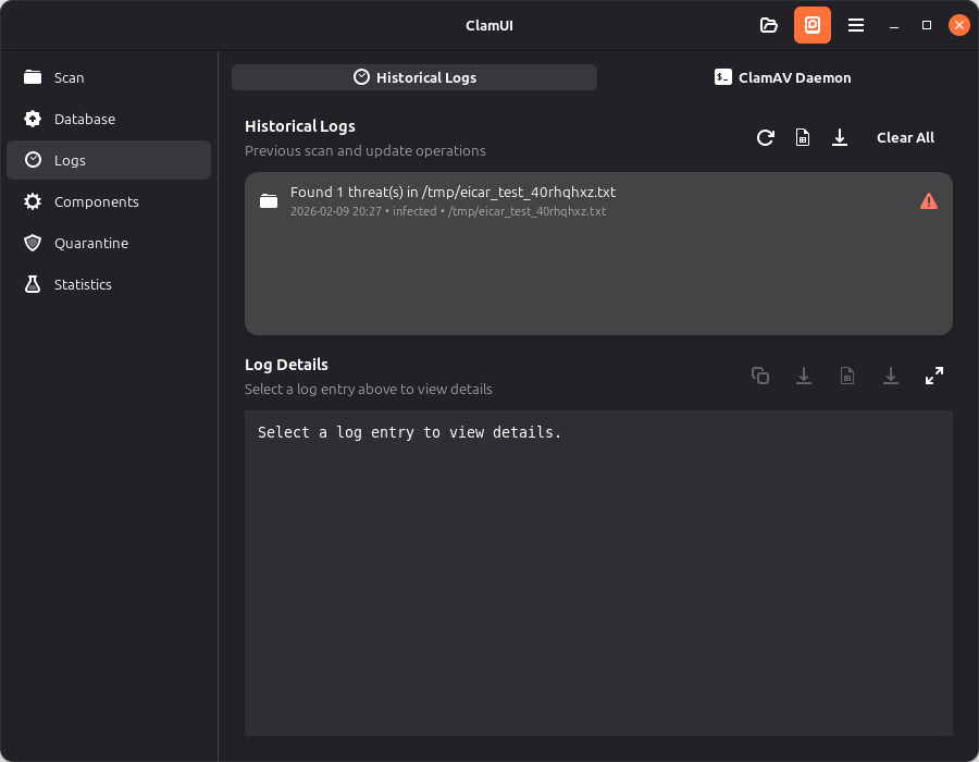 ClamUI scan history view